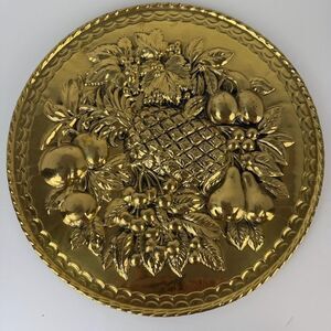 Vintage Peerage 14.5" Brass Wall Plate, Pineapple & Other Fruit, Made in England